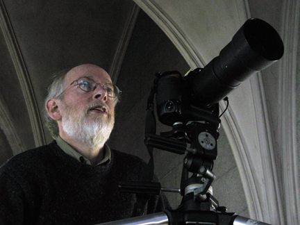 James photographing the Annunciation window in the cloister