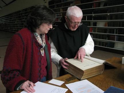 Connie and Father Laurence in the abbey library